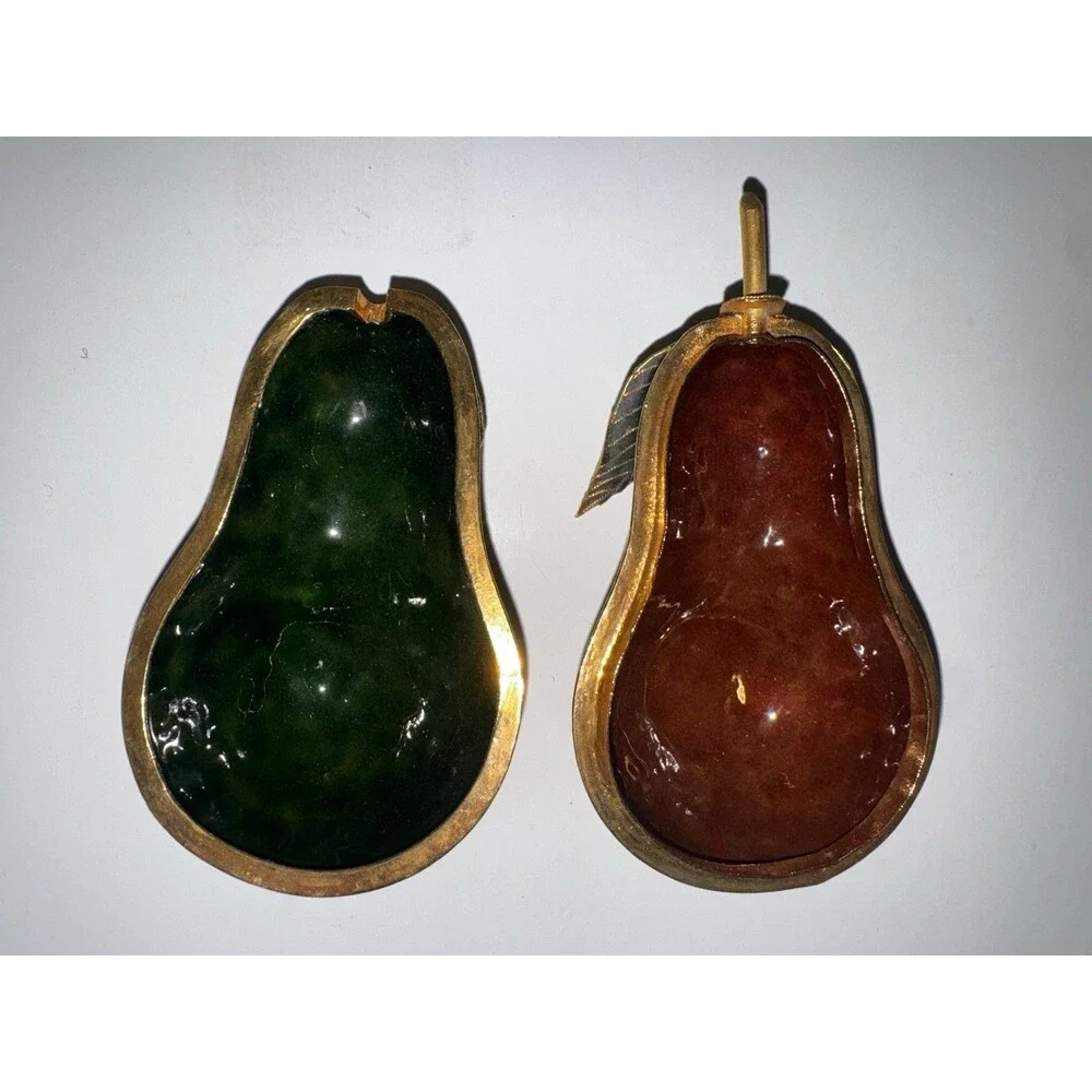 Vintage Cloisonné Pear Trinket Boxes Set of 3 Brass Enamel Lift-Off Lids